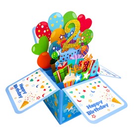ZYOOO Happy 2nd Birthday 3D Card,Pop Up 2-Years-Old Card,Second Birthday Card for Baby Boy,Son,Grandson,Nephew with 1 Envelop,1 Message Card(Blue)
