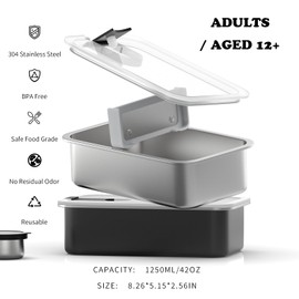 Bakpoco Stainless Steel Bento Lunch Box for Adult, 42oz Leak-Proof Lunch Box Containers, Microwave-Safe, with Adjustable Divider, Convenient Metal Lunchbox for Work, Travel