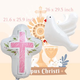 8Pcs First Communion Decorations Balloons, Baptism Party Foil Balloons for Girl Toddler First Communion God Bless Christening Memorial Theme Birthday Baptism Party Decorations Supplies (Pink)