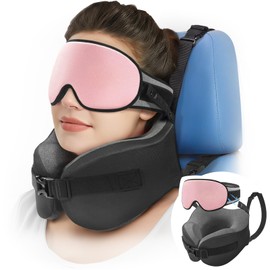 YFONG Travel Pillow for Long Flight Airplanes, Head Strap Combo with 3D Contoured Eye Mask for Sleep, Neck Pillow for Car Trip Essential, 360° Support Memory Foam Headrest, Prevent Head Bobbing, Pink