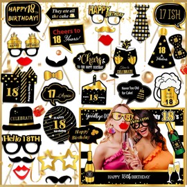 Pack of 38 Party Photo Props Birthday 18, Photo Accessories Birthday, Birthday Party Photo Booth, with Large Size Black Gold Picture Frame, Cylinder, Glasses, for Boys, Girls, Bar Mitzvah