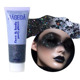 Prreal Body Glitter Gel 50 ml, Face Glitters Body Gel Sequins Shimmer Liquid Eyeshadow, Chunky Glitter for Face Hair Nails, Holographic Cosmetic Laser Powder Festival Glitter Makeup #Black