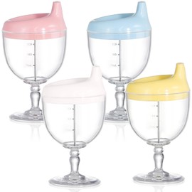 Goaste 4 Pack Toddler Sippy Cups, 7oz No Spill Plastic Wine Glass Goblet Cup, Fancy Baby Beverage Mug Milk Bottle with Lid for Kids over 3 Years on Birthday Party, Celebration, Assorted Colors