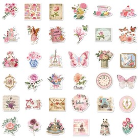 QTL Vintage Pink Stickers for Kindle Scrapbook 50Pcs Retro Aesthetic Stickers for Girls Kids Teens Adults Water Bottles Laptop Planner Junk Journal Vinyl Waterproof Pack