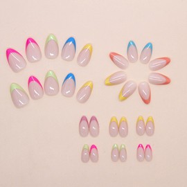 Dopamine French Tip Short Press on Nails Almond Fake Nails Acrylic Glossy Glue on Nails Full Cover False Nails Press ons Cute Simple Stick on Nails for Women Girls 30 Pcs