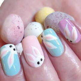 24Pcs Easter Press on Nails Short Square Fake Nails Cute Rabbit Ears Design Acrylic Artificial Glue on Nails Set Full Cover Colorful False Nail for Women Girls (J)