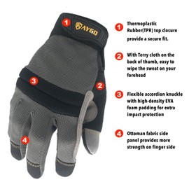 Work Gloves For Men, KAYGO KG125M Mechanics gloves for All Purpose,Excellent Grip,Heavy Duty,Improved Dexterity,Touch Screen