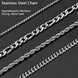 YADOCA 4PCS Silver Chains for Men Stainless Steel Necklace for Men Women Boys Cuban Rope Figaro Box Chain Mens Necklace