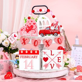 10 Pieces Valentine Gnome Tiered Tray Decor (Tray Not Included), Valentine Wood Heart Shaped and Bead Garland Decoration for Wedding Living Room Wall Decor(Love)