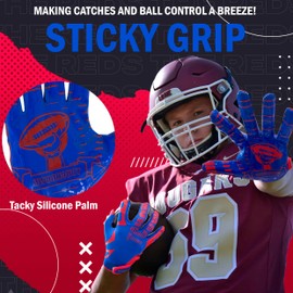 KKVIMUSE Youth Football Gloves, Sticky Kids Football Receiver Gloves, Flag Football Gloves Gifts for Boys Girls (Blue, Large)