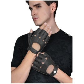 GSG Mens Fingerless Driving Riding Half Finger Leather Gloves Lambskin Unlined Black,S