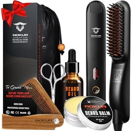 Alisador de barba para hombres – Cepillo térmico de 5 temperaturas con tecnología antiquemaduras – Kit de aseo con peine de sándalo, bálsamo, aceite y
