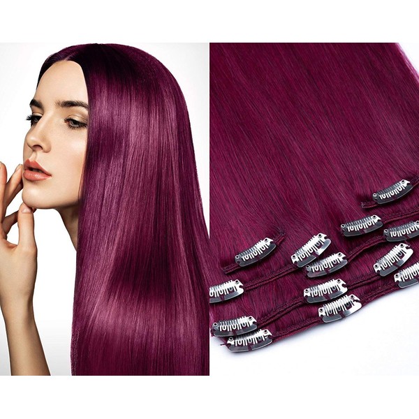 GlamXtensions Clip-In Real Hair Extensions 7-Piece in Burgundy / Castle and Length 45 cm / Weight 85 g Remy Real Hair