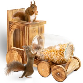 Squirrel Feeder, Wood Backyard Gallon Jar Squirrel Feeders for Outside Winter, Durable Squrrill House Box Easy to Fill with Removable Front Panel, Wooden Chipmunk Feeder for Corn, Peanuts and Seeds