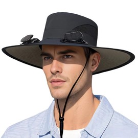 Solar-Powered Fan Wide Brim Sun Hat with Neck Protection, Outdoor Bucket Hat for Hiking, Camping(US, Alpha, One Size, Large, Black)