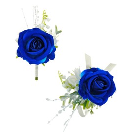Juego de Ramillete y Boutonniere Blanco Azul Real para Bailes de Boda, Pulseras de Ramillete de muñeca de Flores de Rosa Artificiales, Pulsera de Ramillete de Regreso a casa, decoración de