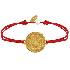 LES POULETTES BIJOUX - Link Bracelet Golden Brass Round Medal Shell, Textile
