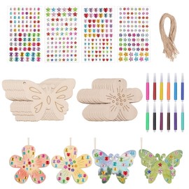 40 Pieces Craft Set, Wooden Pendants for Painting, Craft Set Wood with Watercolour Pen & Gemstone Stickers and String, Natural Easter Decoration Crafts, Wooden Flowers for Painting for DIY Crafts