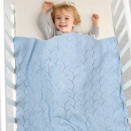 LAWKUL Cellular Blanket Baby 100% Cotton Knitted Soft Knit Crochet Blankets for Newborn Boy Girls Toddler 100x80cm Light Blue