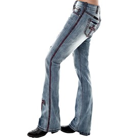 Bootcut Jeans for Women Mid Rise Ripped Distressed Embroidered Cross Jeans Stretchy Fit Denim Long Pants