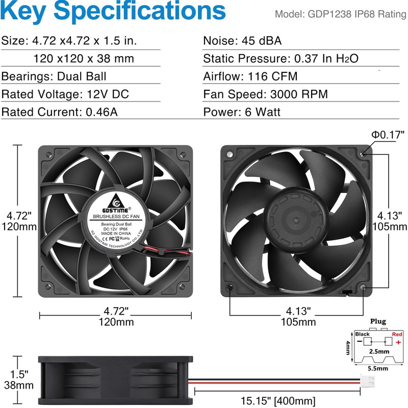 GDSTIME 120mm x 38mm 12V DC IP68 Waterproof Fan, High