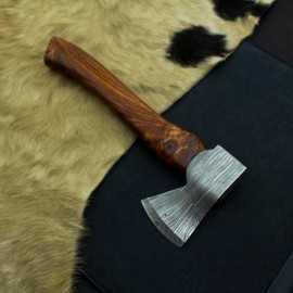 Nesmo - 011 Damascus Steel Viking Axe with Rose Wood Shaft, Mini Axe with Leather Sheath, Viking Bearded Camping Axe, Best Birthday for Him Mini Axe with Leather Sheath