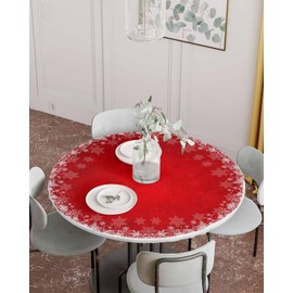 Winter Snowflake Round Fitted Table Cover for Dining Tables,Elastic Edged Tablecloth Christmas Geometric Waterproof Oil Proof Tables Cover Cloths for Kitchen Dinner Party Event