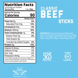 The New Primal Classic Beef Meat Stick, Whole30 Approved, Paleo, Keto, Pantry Staple, Certified Gluten Free, Low Carb, High Protein Snack, Sugar Free, Grass-fed Beef, 1 oz, Pack of 80