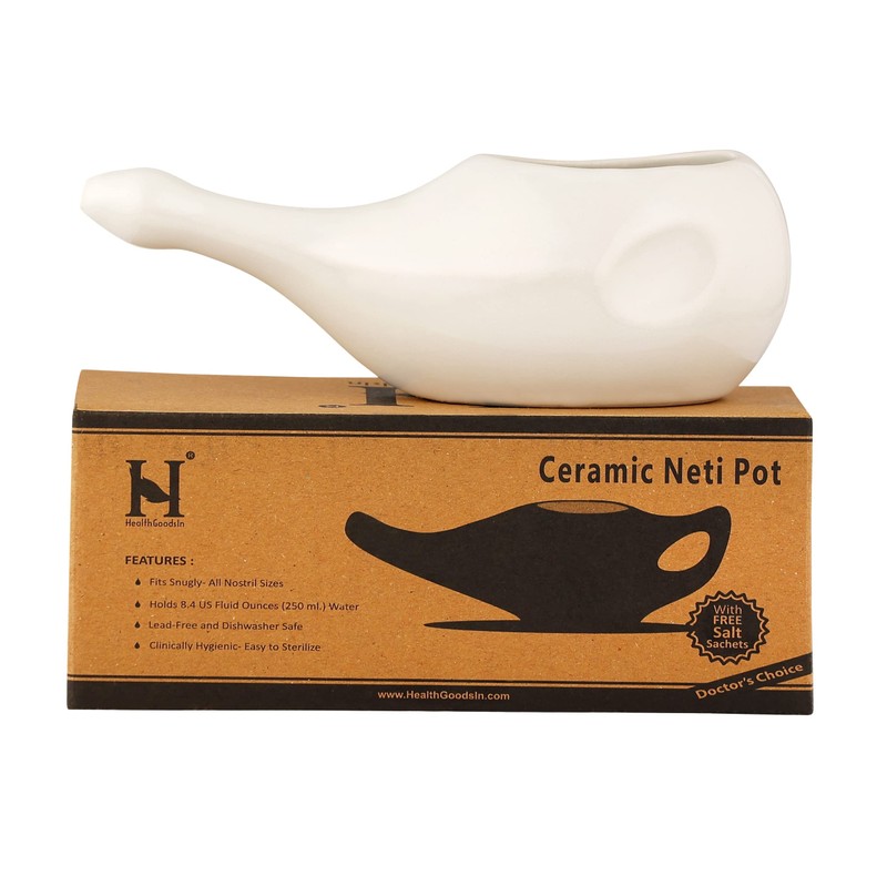 HealthGoodsIn Ceramic Neti Pot, Dishwasher Safe, for Nasal Cleansing +