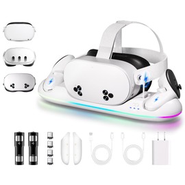 Charging Dock for Meta Quest 3/3S- Fast Charging Station Compatible with Oculus Quest 2/3/3S-VR Charging Accessories with RGB Light- Magnetic Charging Stand for Controller- 2 Rechargeable Batteries