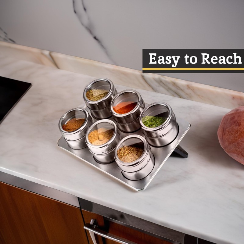 Premier Housewares Stainless Steel Magnetic Tray with 6-Spice Jars