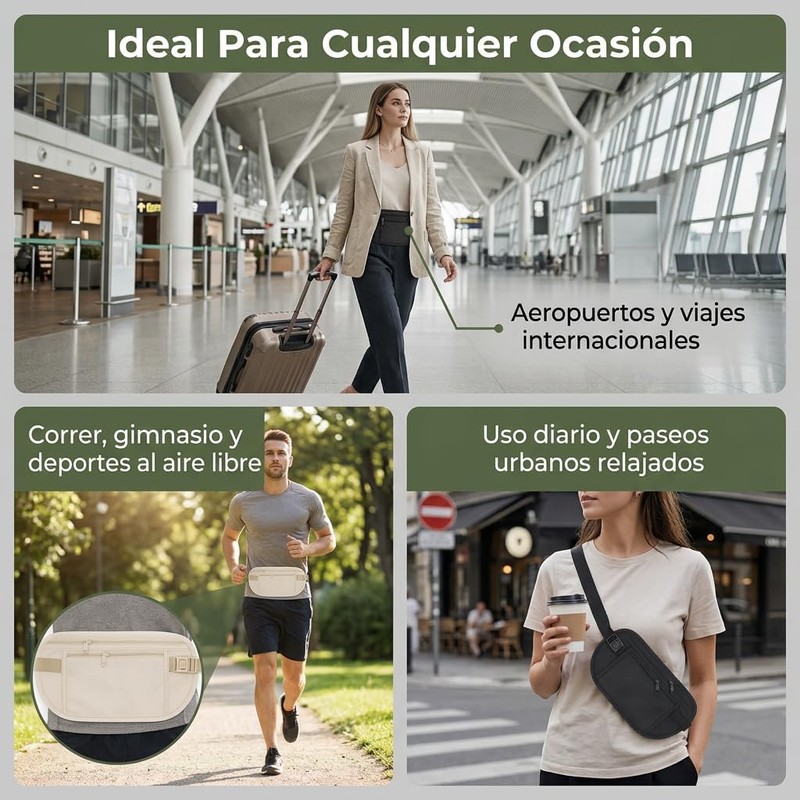 2pzs Cinturón de Viaje Antirrobo y Cangurera Deportiva para Hombre