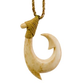Stylized Maori Hawaiian Aged Bone Spike Fish Hook Necklace, 35mm (ABFHS35B)