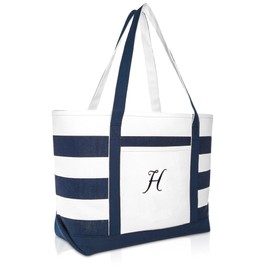 DALIX Premium Beach Bags Striped Navy Blue Zippered Tote Bag Monogrammed H