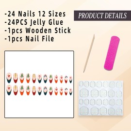 Jremg Christmas Press on Nails Medium Almond Fake Nails with Christmas Tree Snowflake Gingerbread Man Design Glossy Red Orange Green French Acrylic False Nails Cute Xmas Stick on Nails for Women 24Pcs