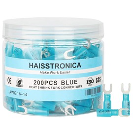 Haisstronica 200PCS Blue 16-14 Gauge Marine Grade Heat Shrink Fork Connectors-Tinned Red Copper 0.7mm #10 Crimp Connectors Fork Terminals-Insulated Electrical Connectors for Aircraft,Boat,Truck,Stereo