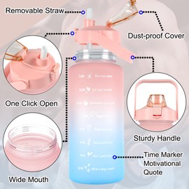 Half Gallon/64oz Daily Sports Water Bottle with Straw & Motivational Time Marker,BPA Free Plastic Water Jug,2 Liter Drinking Bottle for Fitness,Travel,Camp and Outdoor Sports(64oz/2000ml,Pink to Blue)