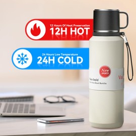 GENDLTHIJ Stainless Steel Insulated Bottle, Vacuum Insulated Water Bottle, Thermos for Hot Drinks Cold Drinks with Separate Tea Compartment, 24-Hrs Insulation Commute Travel (White,50oz/1500ml)