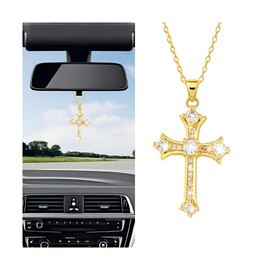 Sandfren Bling Cross Car Hanging Ornament, Crystal Rhinestones Religious Vehicle Rear View Mirror Pendant for Women Girls, Auto Interior Decoration Charm Accessories, Universal Fit (Gold)