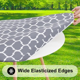 Smiry Round Picnic Tablecloth, Waterproof Elastic Fitted Table Covers for 31" - 35" Tables, Wipeable Flannel Backed Vinyl Tablecloths for Camping, Indoor, Outdoor, Grey & White