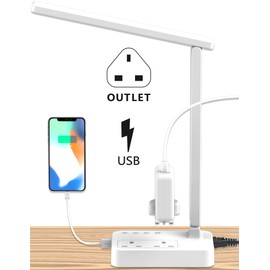 Drevet LED Desk Lamp, Desk Light with 1 USB Charging Port and 2 Way Outlets, 3 Lighting Modes, 3 Level Brightness,1H Timer, Touch Control, Eye-Caring Home Office Bedside Table Lamp