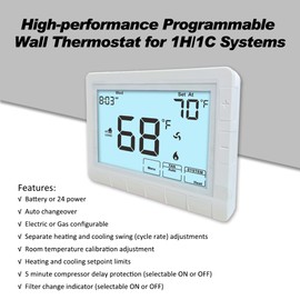 Programmable Auto Changeover Thermostat for House, Conventional Single-Stage Systems,1 Heat/1 Cool, Extra Large Display, Smart Auto Switching, White Backlight
