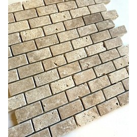 Walnut Travertine 1x2 Tumbled Natural Stone Mosaic Brick Joint on Mesh Mount for Wall and Floors