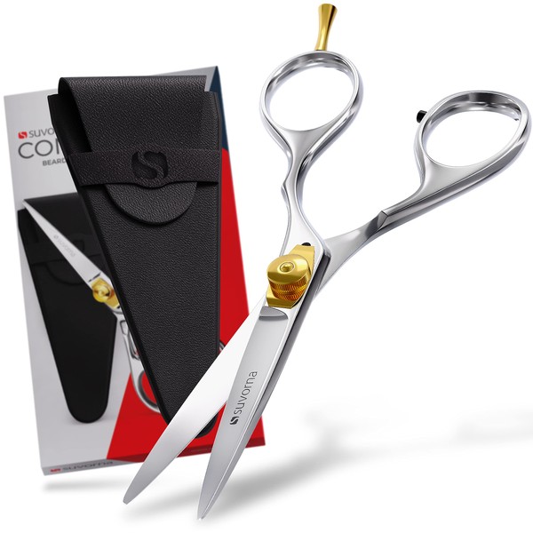 Suvorna Condor 5" Beard Scissors For Men, Moustache Scissors, Nose Hair, Facial & Body Hairdressing Scissors with tension adjustment. Razor Sharp, Serrated bottom edge cuts thickest of hairs easily.