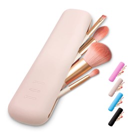 Silicon Make Up Brushes Holder - Portable Travel Makeup Brush Case Organizer, Cosmetic Brush Covers Traveling, WaterProof Makeup Brush Pouch Bag (Beige)