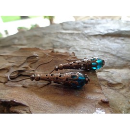 ⊹⊱✿ TÜRKIS BLAUES GLAS & LANGE KUPFER PERLKAPPE ✿⊰⊹ einmalige Vintage Ohrringe in blau, türkis, antik