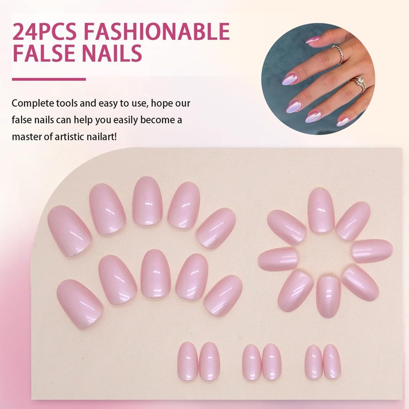 24PCS Aurora Pink Press on Nails – Short Oval &