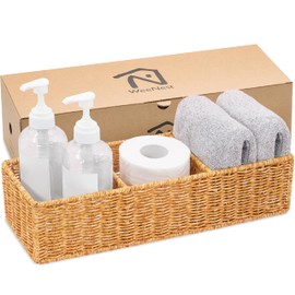 WeeNest Wicker Basket with 3 Compartments, Toilet Paper Holder Storage, Behind Toilet Bathroom Organizer, Bathroom Sink Organizer Countertop, Over The Toilet Organizer, Resin Wicker 1pc, Latte