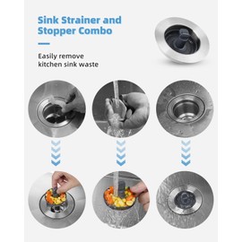 Hygie Rinse Upgraded 3 in 1 Kitchen Sink Drain Strainer Stopper Combo, 2PCS Stainless Steel Shell Pop Up Sink Stopper for US Standard 3-1/2 inch Drain Filter, Anti-clog and Easy Clean