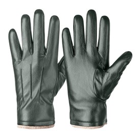 Winter PU Leather Gloves For Men, Warm Thermal Touchscreen Texting Typing Dress Driving Motorcycle Gloves With Wool Lining (Army-L)